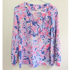 Lilly‎ Pulitzer Womens XS Multicolor Silk Long Sleeve Top Blouse
